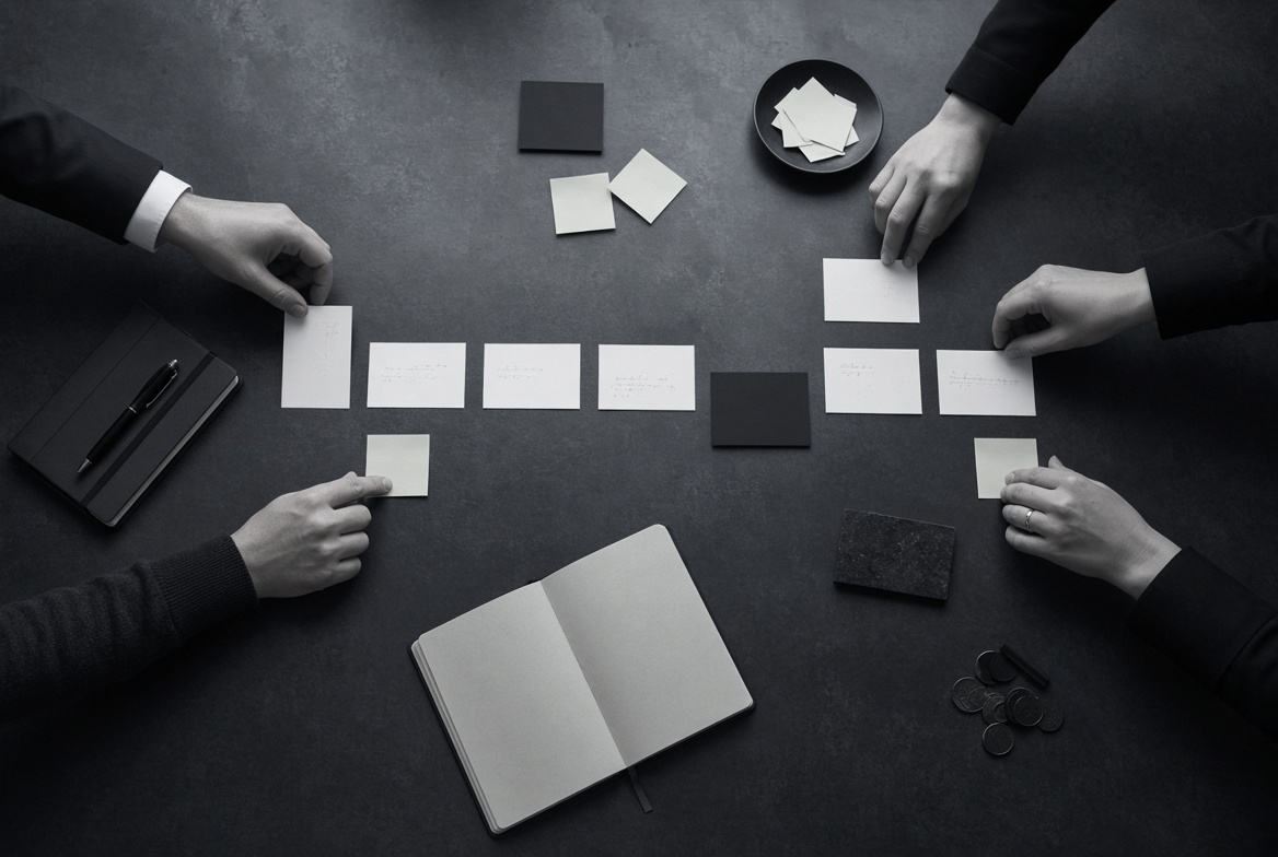 Strategy workshop with cards arranged into a roadmap