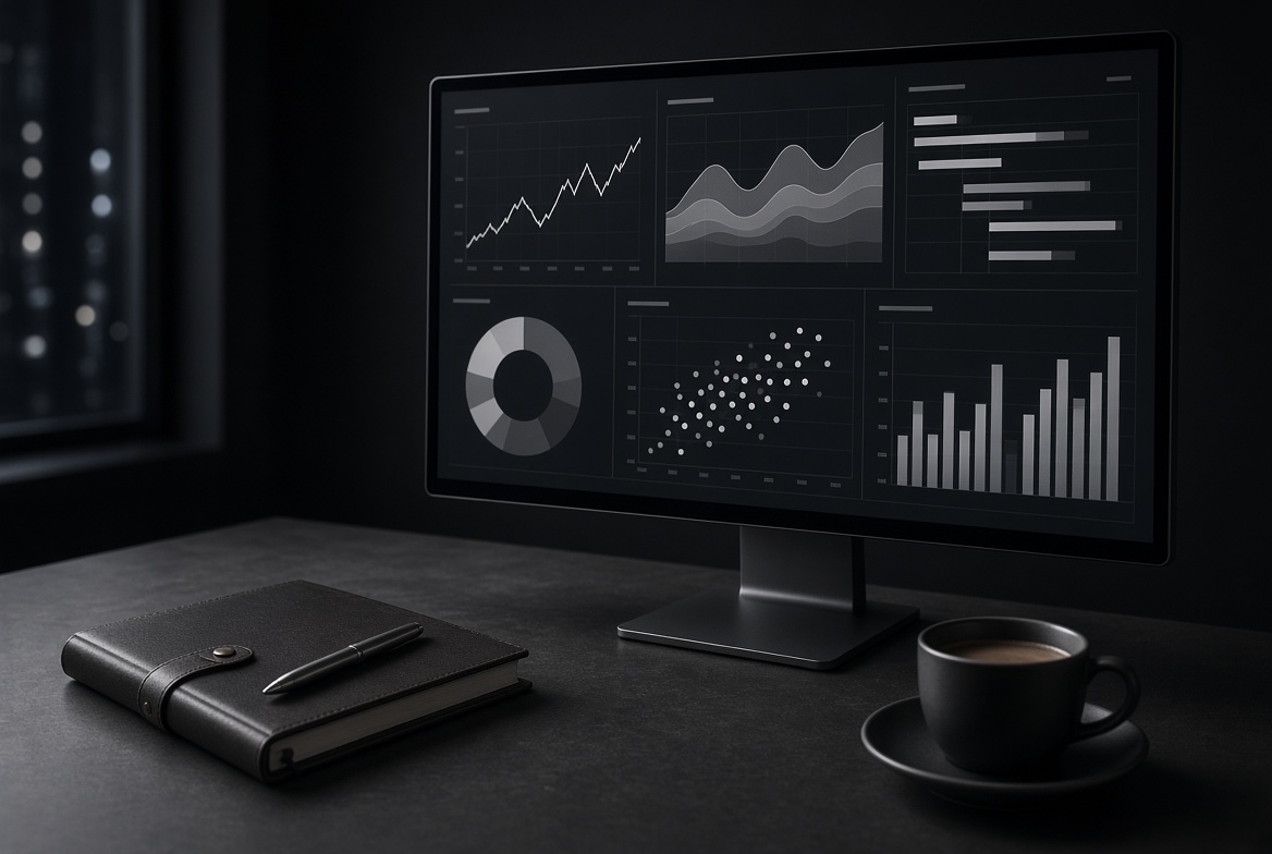 Desk with a monitor showing charts and dashboards